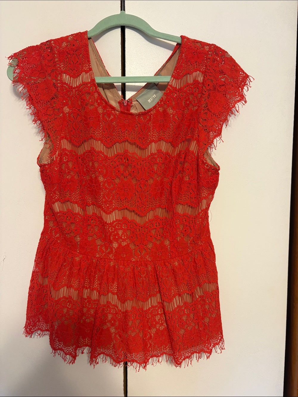 Maeve by Antheopologie  Red Lace Peplum Blouse